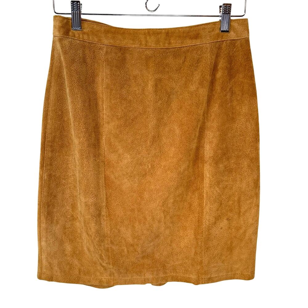 VINTAGE Suede Leather Pencil Skirt Size 10 Boho Elegant Fall Preppy Caramel Tan